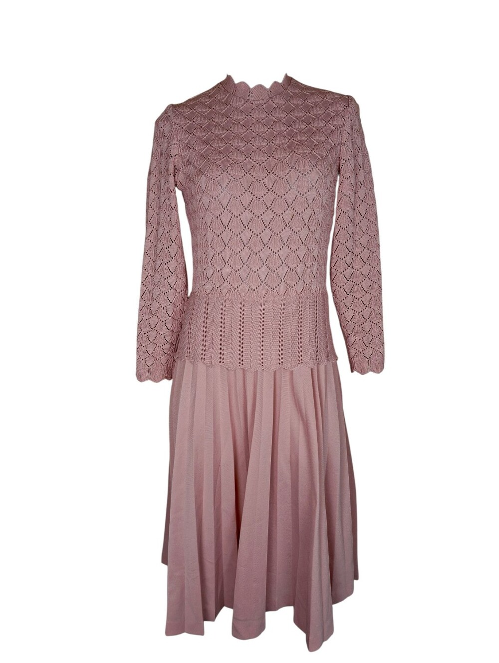 Vintage Dress Pleated Skirt & Crocheted Knit Top One Piece70s Long Sleeves